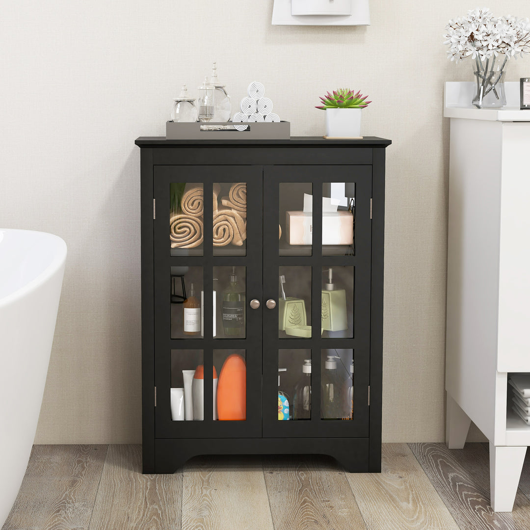 Bathroom Floor Cabinet with 2 Glass Doors and Adjustable Shelves