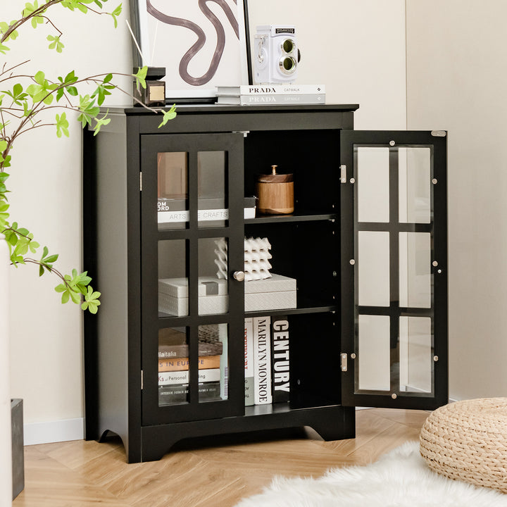 Bathroom Floor Cabinet with 2 Glass Doors and Adjustable Shelves