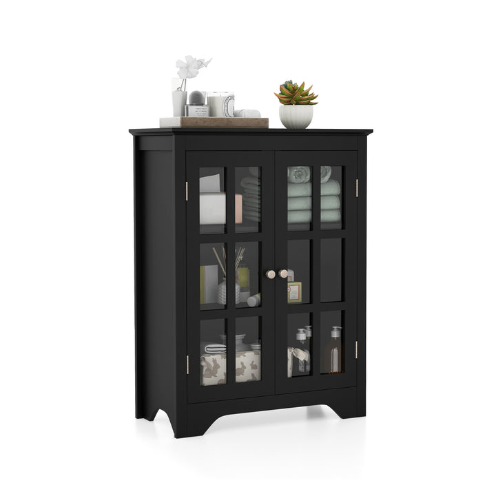 Bathroom Floor Cabinet with 2 Glass Doors and Adjustable Shelves