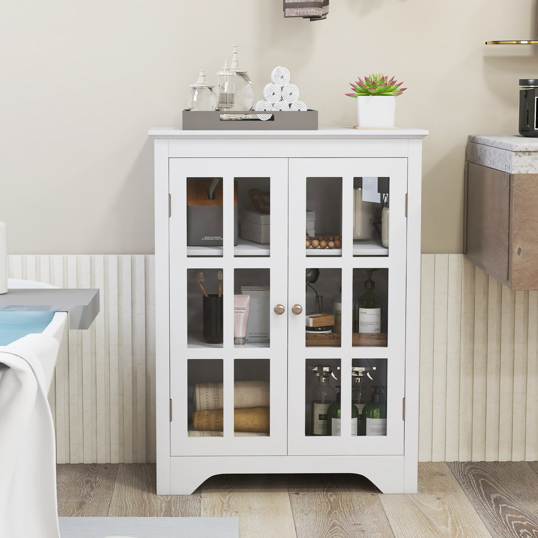 Bathroom Floor Cabinet with 2 Glass Doors and Adjustable Shelves