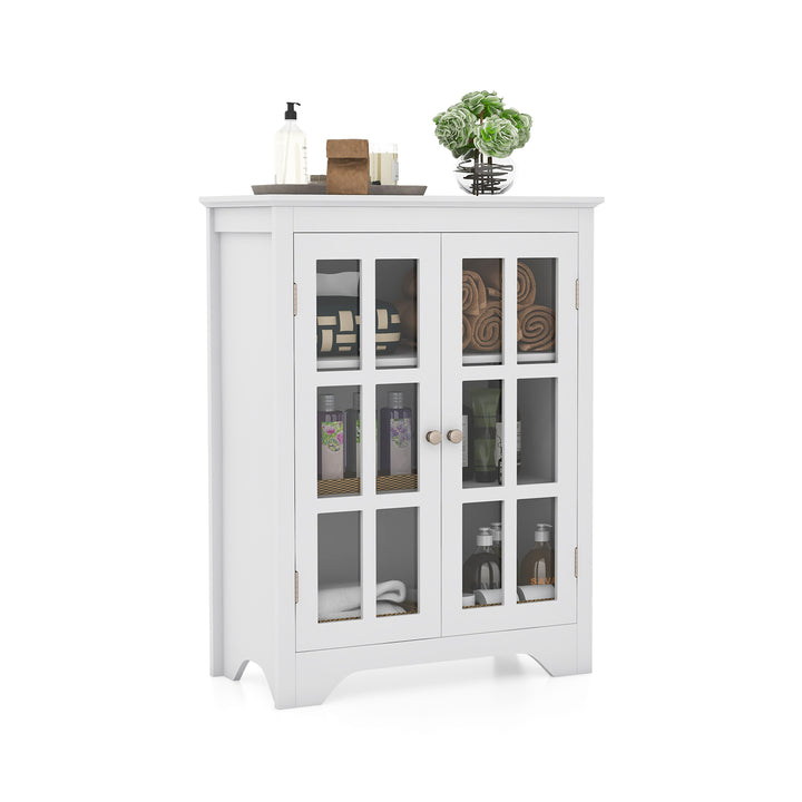 Bathroom Floor Cabinet with 2 Glass Doors and Adjustable Shelves