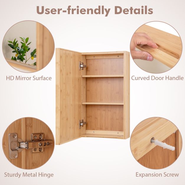 Bathroom Mirror Cabinet with 2 Adjustable Shelves-Natural