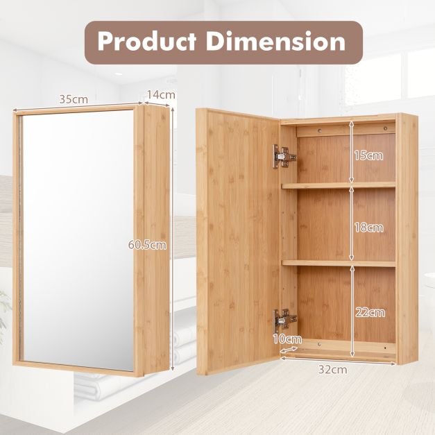 Bathroom Mirror Cabinet with 2 Adjustable Shelves-Natural