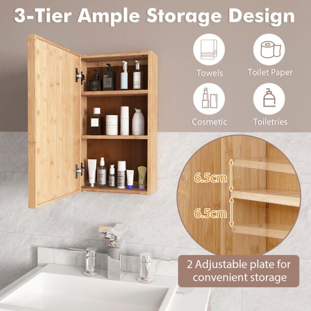 Bathroom Mirror Cabinet with 2 Adjustable Shelves-Natural