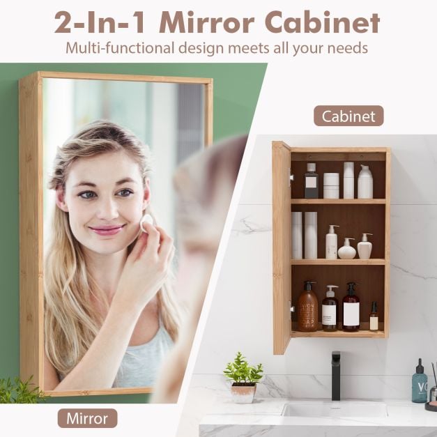 Bathroom Mirror Cabinet with 2 Adjustable Shelves-Natural