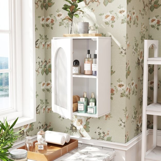 Bathroom Wall Cabinet with Tempered Glass Door and Adjustable Shelf-White