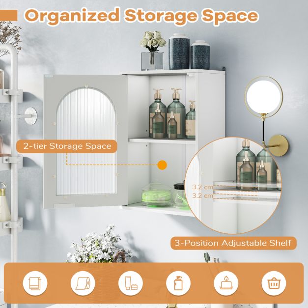 Bathroom Wall Cabinet with Tempered Glass Door and Adjustable Shelf-White