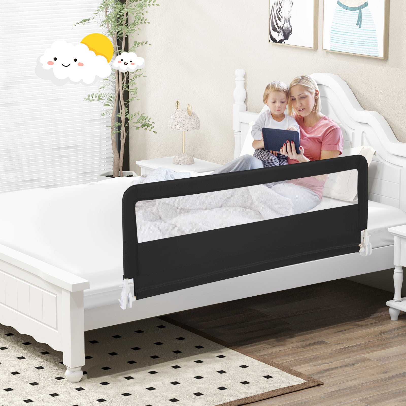 150CM Foldable Baby Bed Rail Guard with Washable Cover and Safety Strap