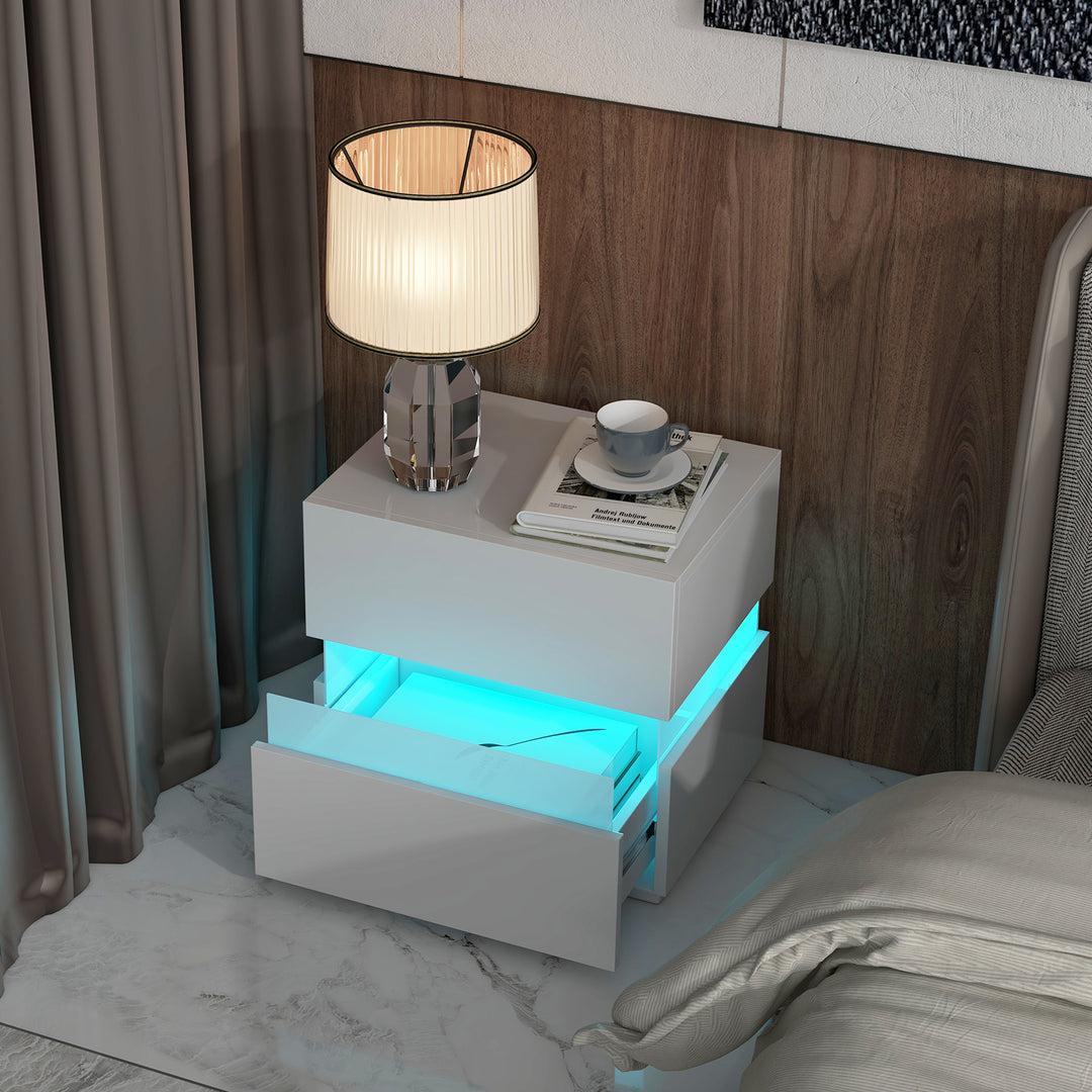 Bedside Table LED  Nightstand with 2 Drawers-White