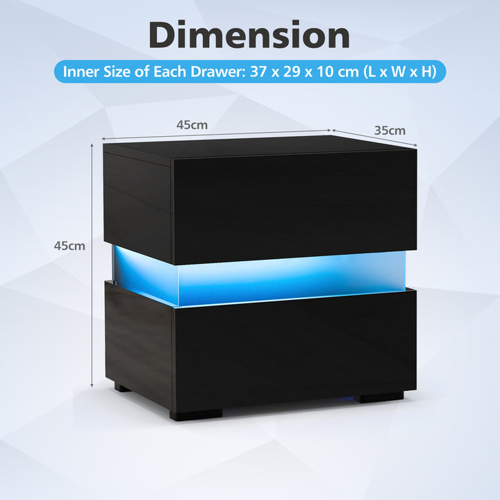 Bedside Table LED Nightstand with 2 Drawers - TidySpaces