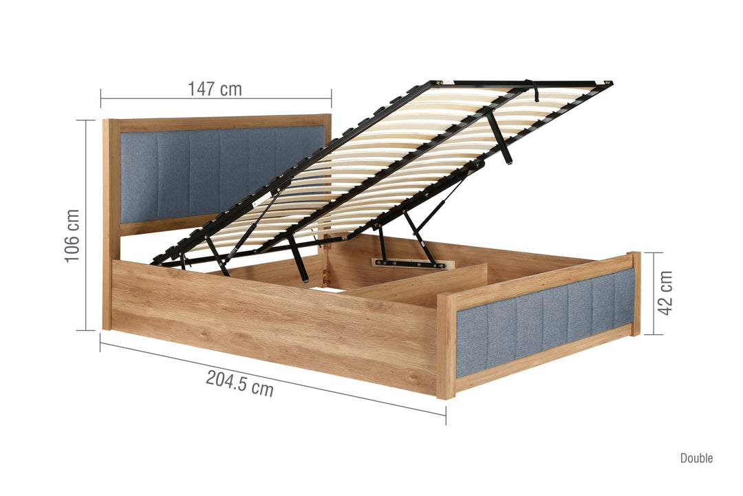 Belmont Ottoman Bed with Stylish Oak-Effect Frame and Soft Grey Blue Upholstered Headboard
