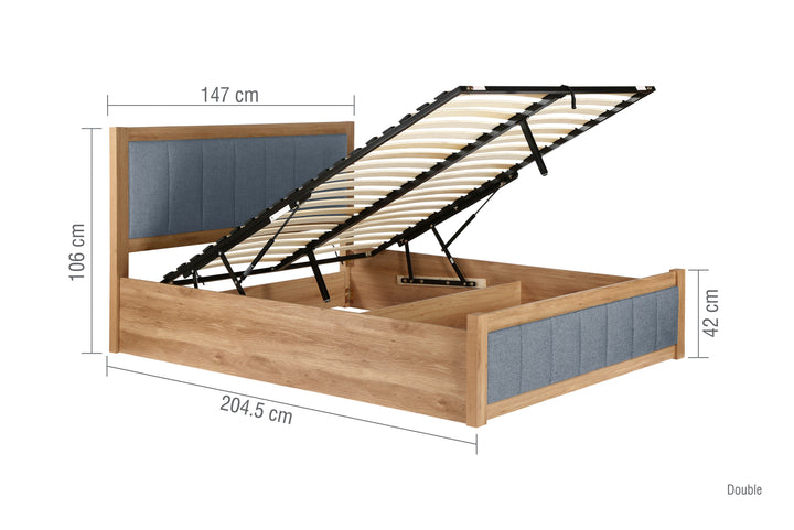 Belmont Ottoman Bed with Stylish Oak-Effect Frame and Soft Grey Blue Upholstered Headboard