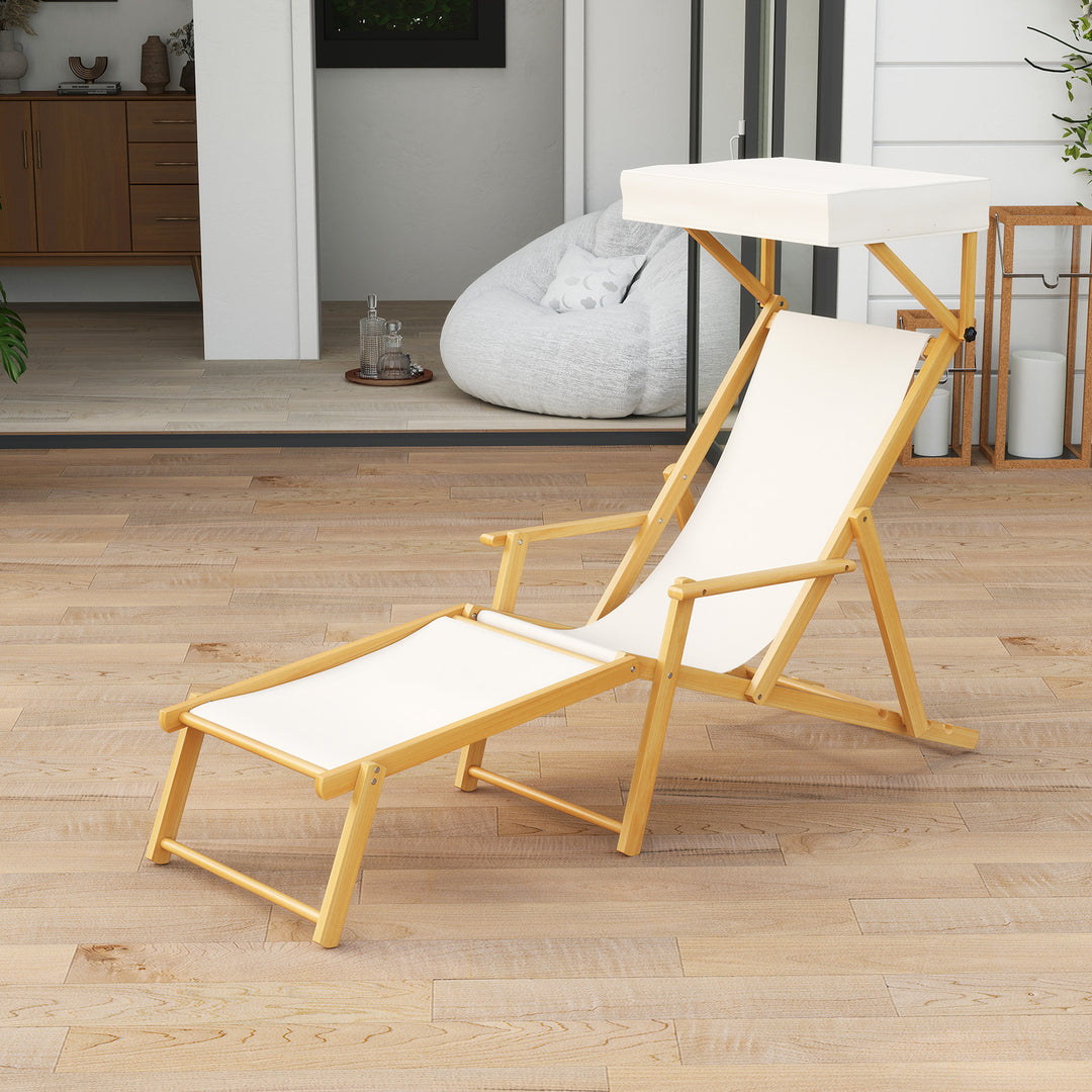 Birch Wood Chaise Lounge Chair with Adjustable Canopy Reclining Backrest and Footrest-Beige - TidySpaces
