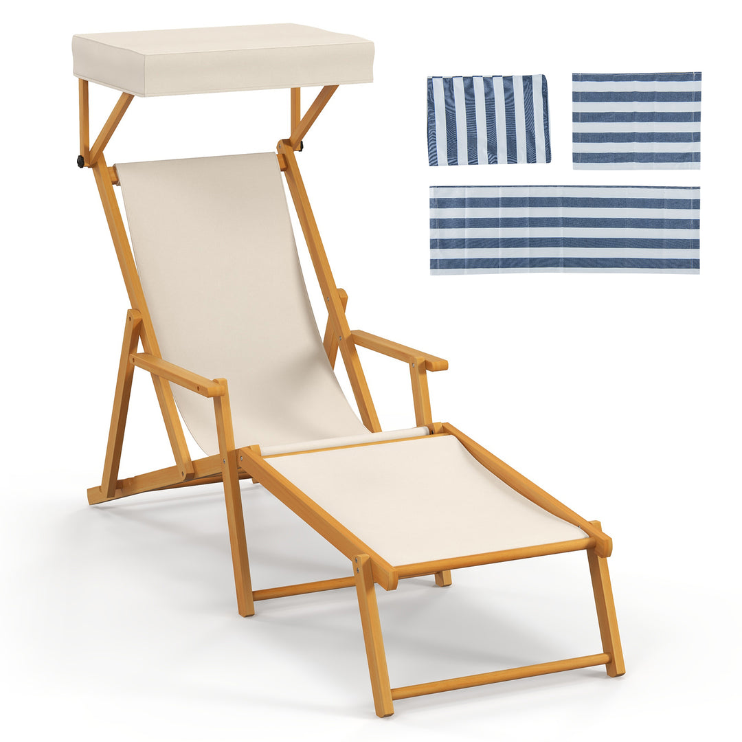 Birch Wood Chaise Lounge Chair with Adjustable Canopy Reclining Backrest and Footrest-Beige - TidySpaces