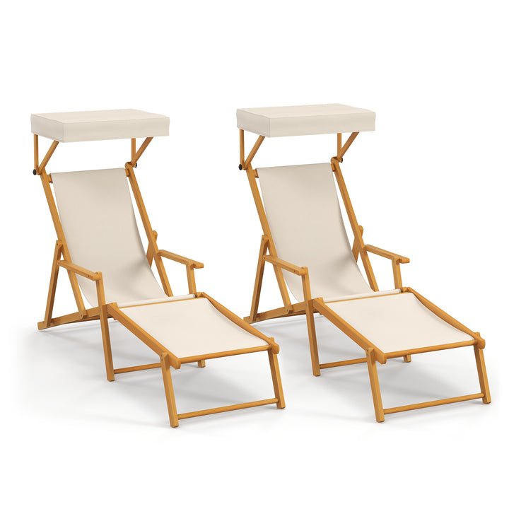 Birch Wood Chaise Lounge Chair with Adjustable Canopy Reclining Backrest and Footrest-Beige - TidySpaces