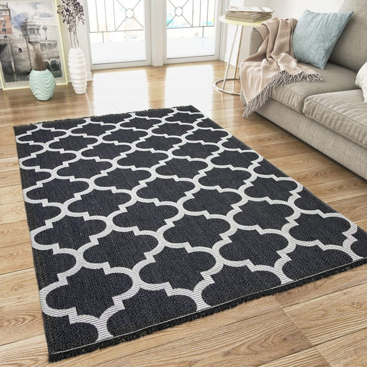 Cotton Rugs Black Trellis Pattern with Tassels