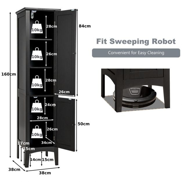 2-Door 160cm High Freestanding Bathroom Cabinet with 5-Tier Shelves