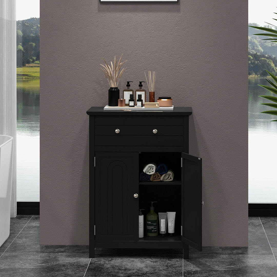 Freestanding Floor Storage Cabinet with Drawer and Adjustable Shelf-Black