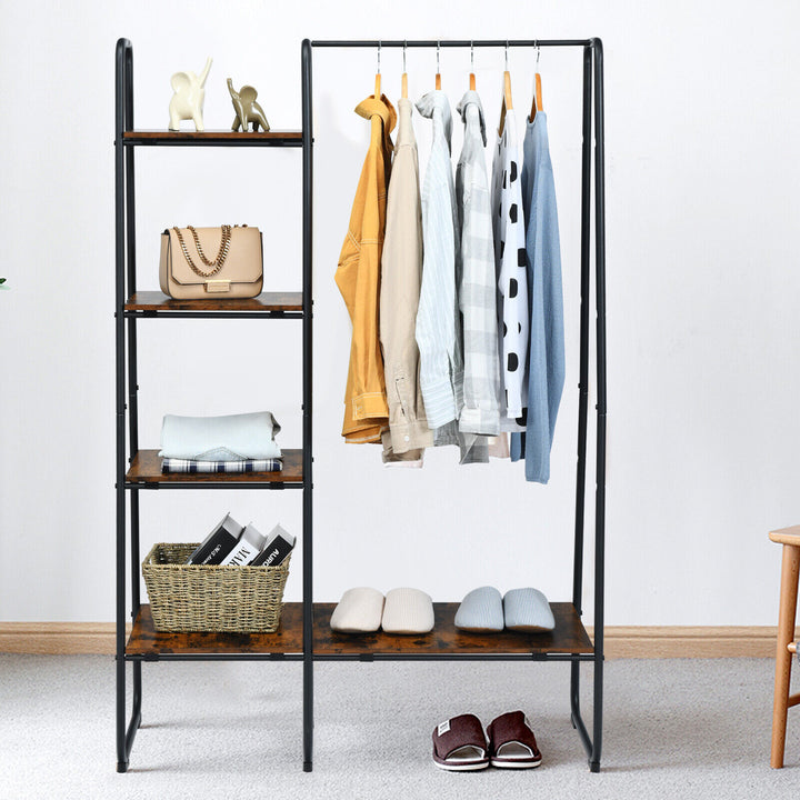 Free Standing Garment Clothing Rack with 5 Tier Wood Shelves