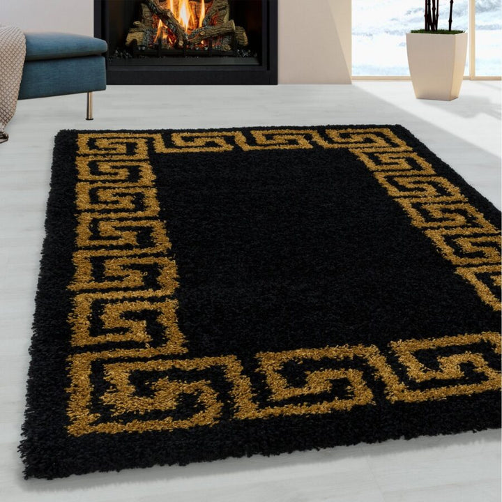 Black Fluffy Shaggy Rug Black Gold Greek Key