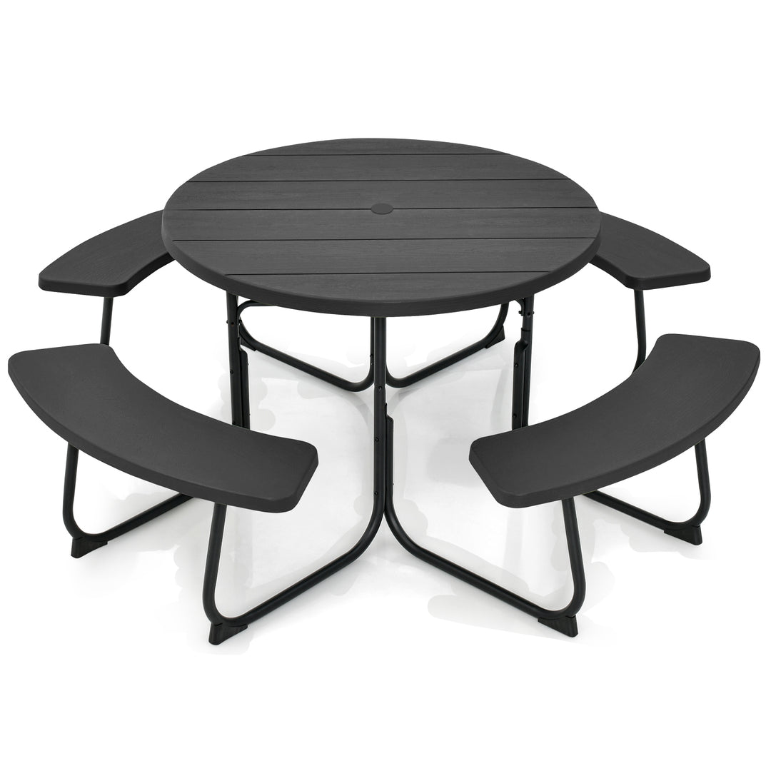 8 person Round Picnic Table Bench Set with 4 Benches and Umbrella Hole