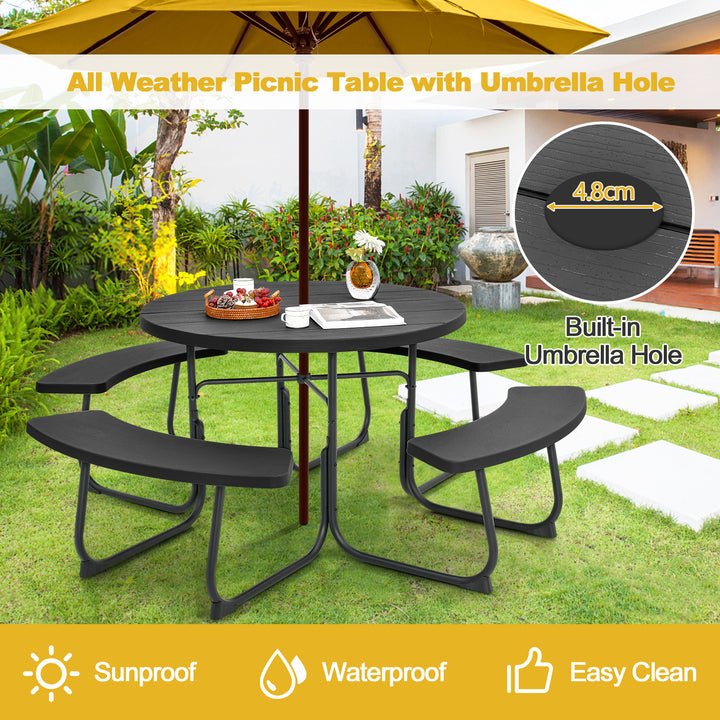 8 person Round Picnic Table Bench Set with 4 Benches and Umbrella Hole