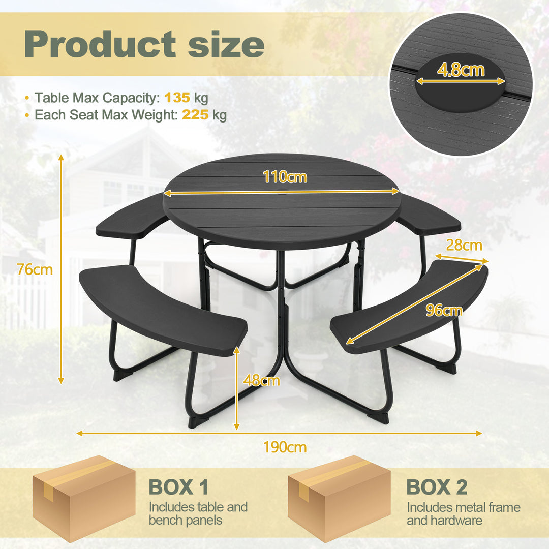 8 person Round Picnic Table Bench Set with 4 Benches and Umbrella Hole