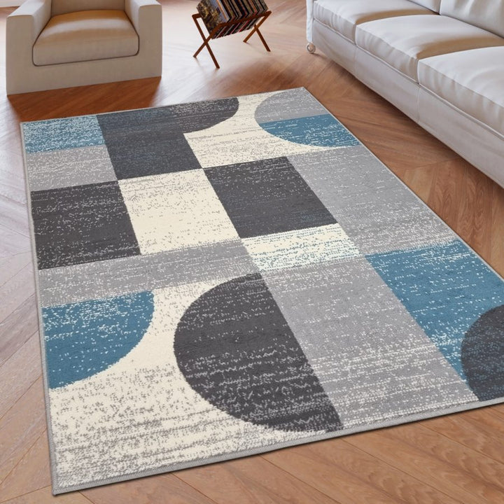 Geometric Rug Grey Blue Circles Modern Soft Carpet