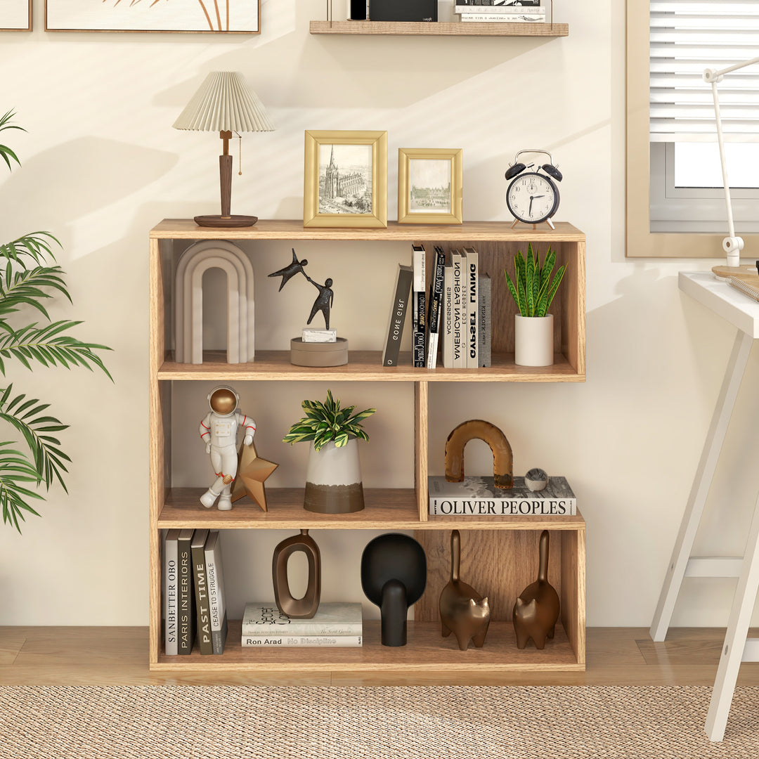 3-tier Bookshelf Irregular Open Back Bookcase with 3 Cubes-Natural