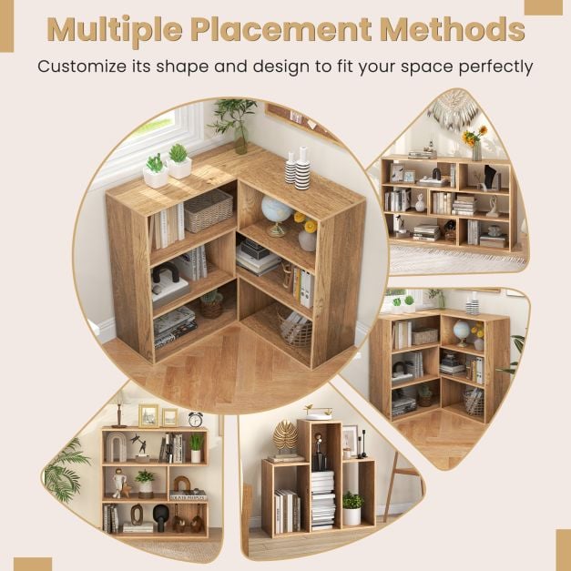 3-tier Bookshelf Irregular Open Back Bookcase with 3 Cubes-Natural
