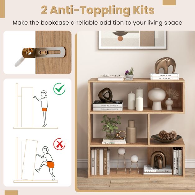 3-tier Bookshelf Irregular Open Back Bookcase with 3 Cubes-Natural