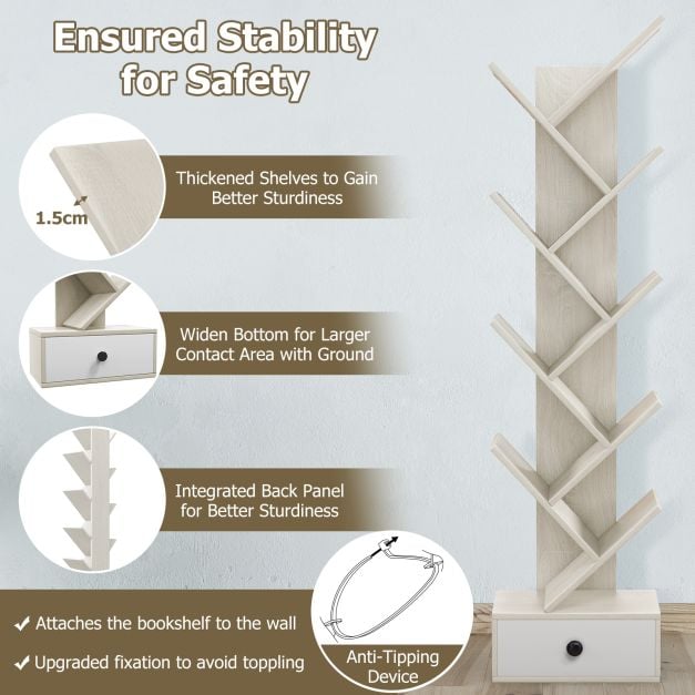 10 Tier Tree Bookshelf with Drawer with Anti Tipping Kit