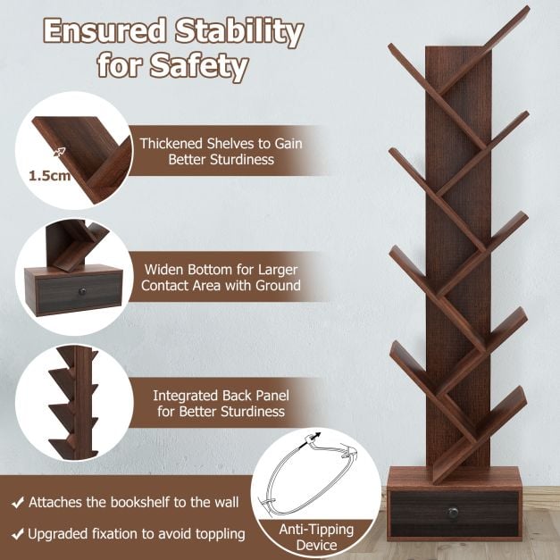 10 Tier Tree Bookshelf with Drawer with Anti Tipping Kit