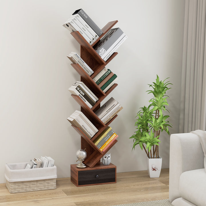 10 Tier Tree Bookshelf with Drawer with Anti Tipping Kit - TidySpaces