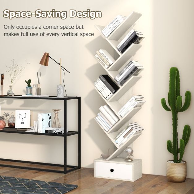 10 Tier Tree Bookshelf with Drawer with Anti Tipping Kit