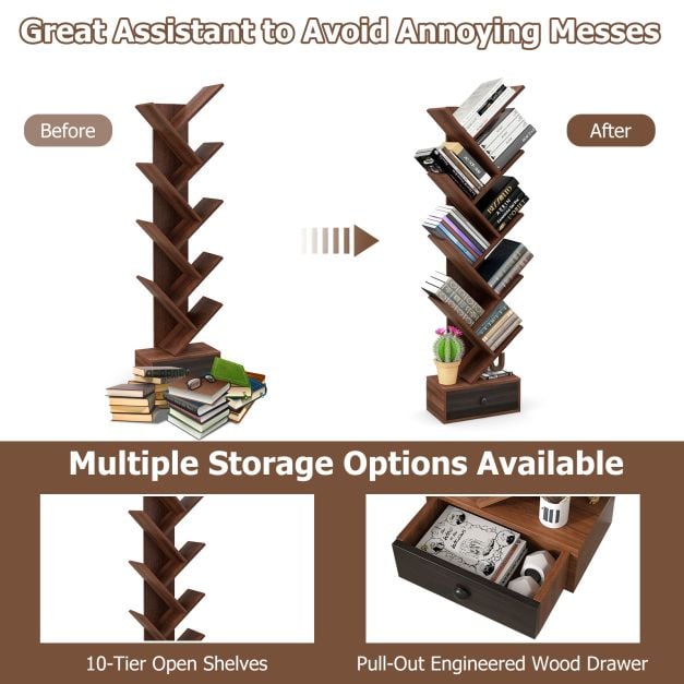 10 Tier Tree Bookshelf with Drawer with Anti Tipping Kit