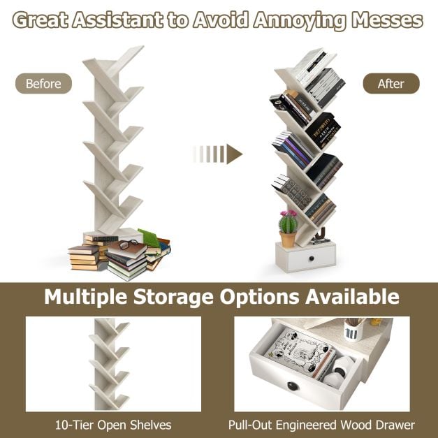 10 Tier Tree Bookshelf with Drawer with Anti Tipping Kit