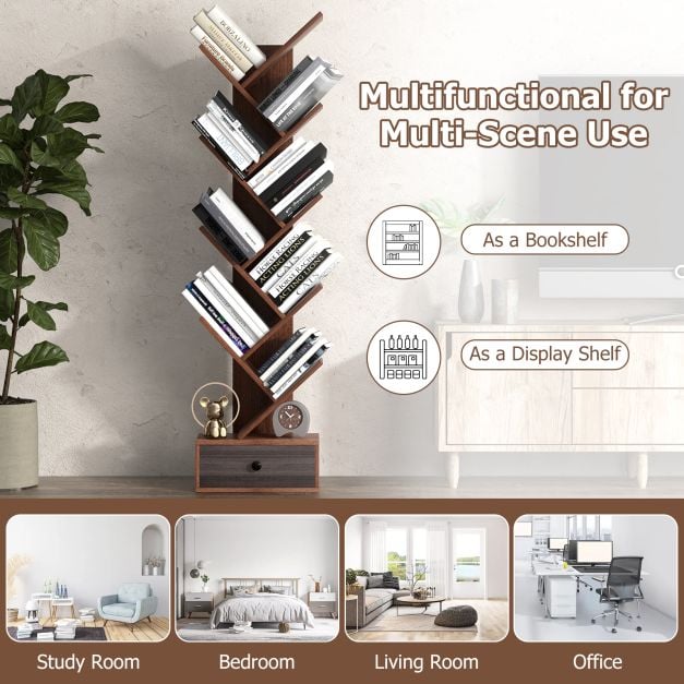 10 Tier Tree Bookshelf with Drawer with Anti Tipping Kit