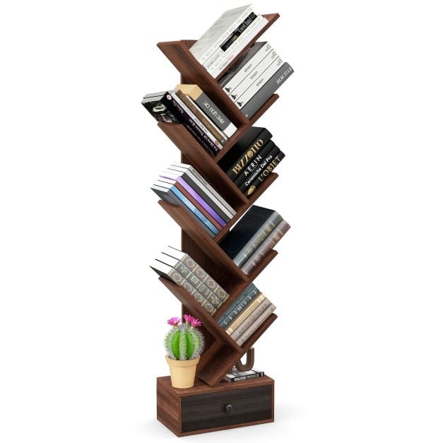 10 Tier Tree Bookshelf with Drawer with Anti Tipping Kit