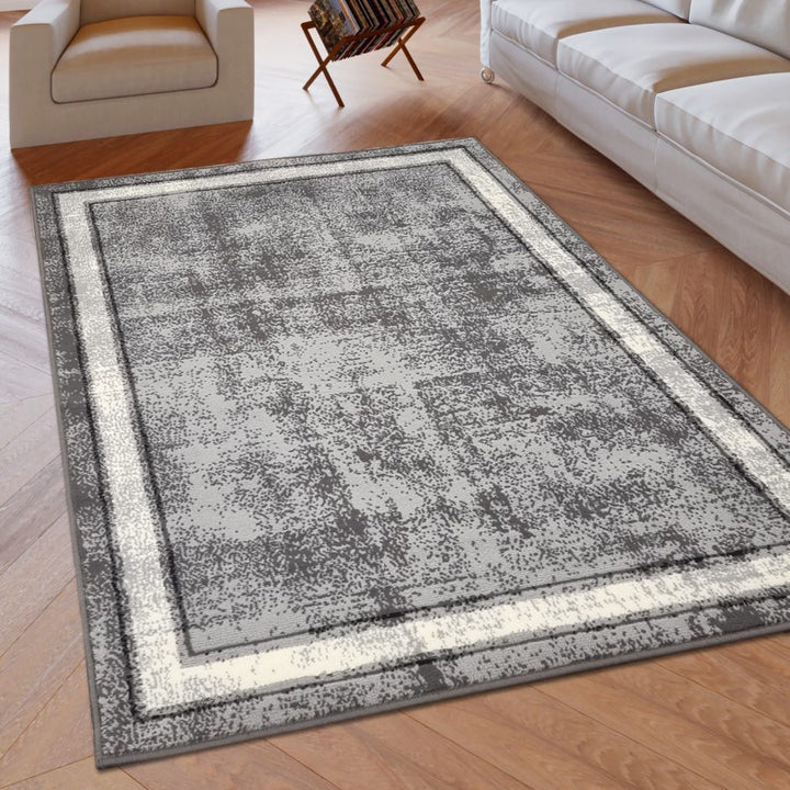 Grey Geometric Rug Bordered Pattern Soft Carpet