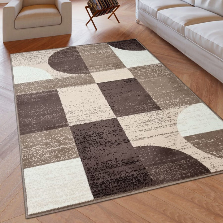 Geometric Rug Brown Beige Circles Modern Soft Carpet