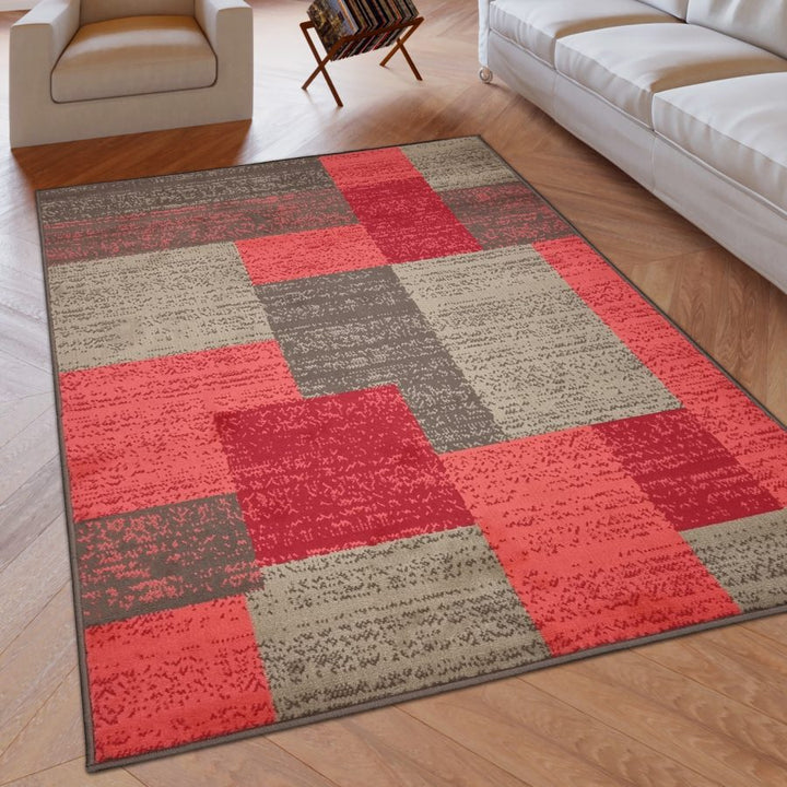 Modern Rug Geometric Brown Red Patterned Soft Carpet