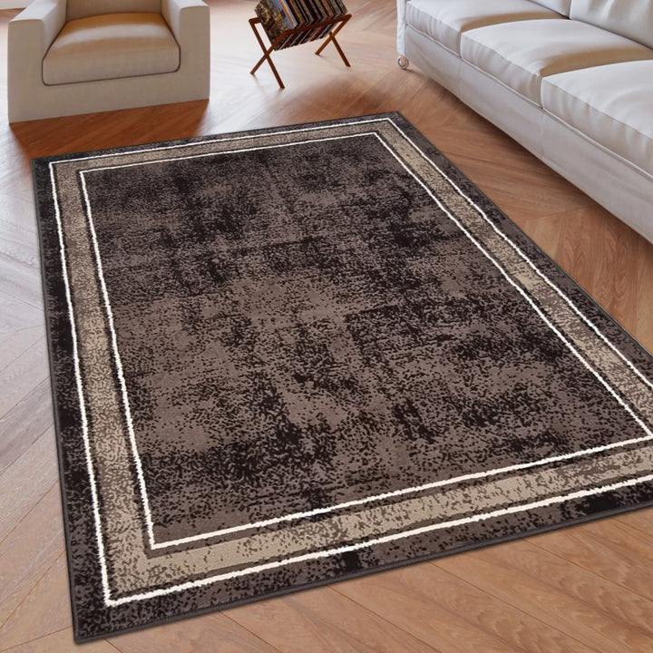 Cacao Geometric Rug Bordered Pattern Soft Carpet