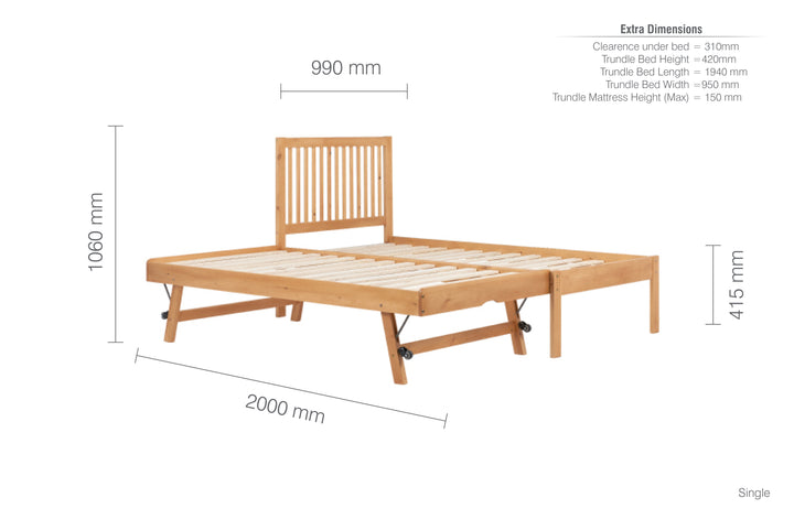Buxton Trundle Single Bed with Pull-Out Trundle and Sprung Slatted Base for Extra Comfort