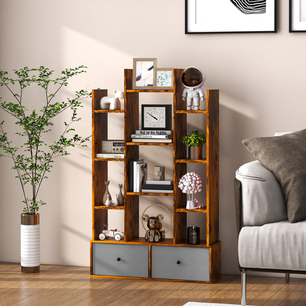 12 Tier Wooden Bookshelf with Folding Drawer for Study Living Room - TidySpaces