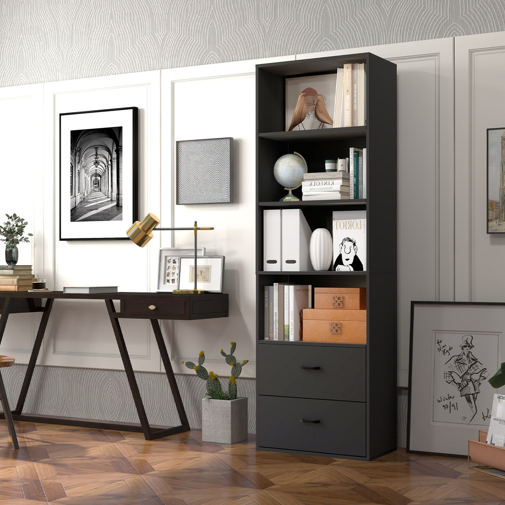 6 Tier Modern Wooden Bookshelf with 4 Open Shelves and 2 Drawers - TidySpaces