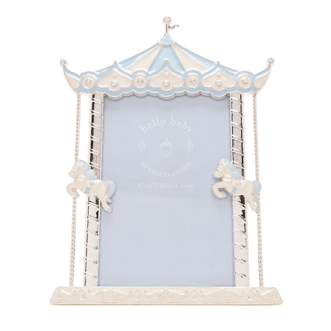 Decorative photo frame shaped like a carousel with horses on a white background