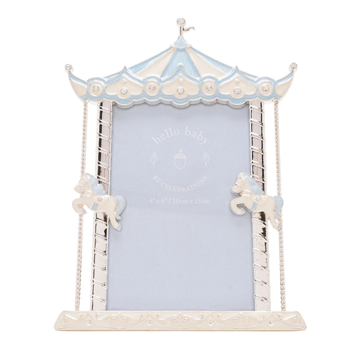 Decorative photo frame shaped like a carousel with horses on a white background