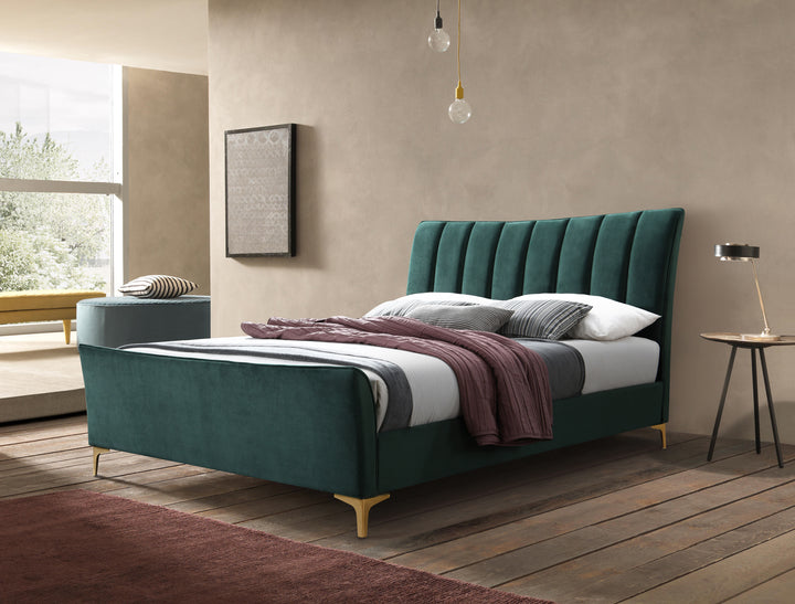 Clover Bed Frame with Stylish Cushioned Headboard and Elegant Gold Feet