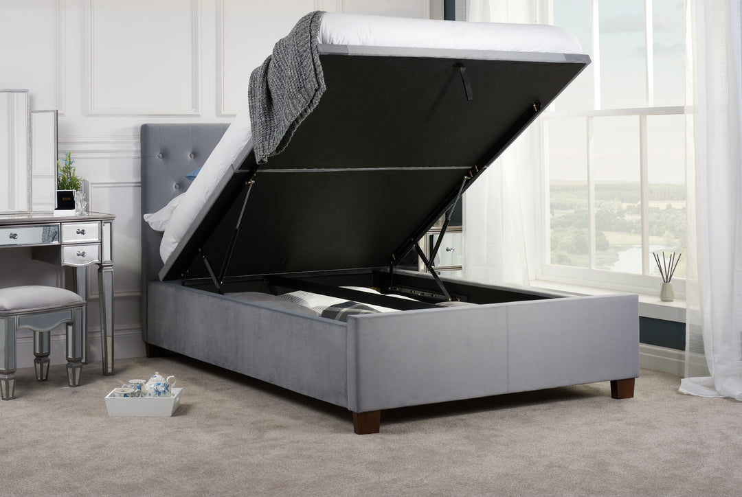 Contemporary Cologne Ottoman Bed with Gas Lift Storage and Button Detailing